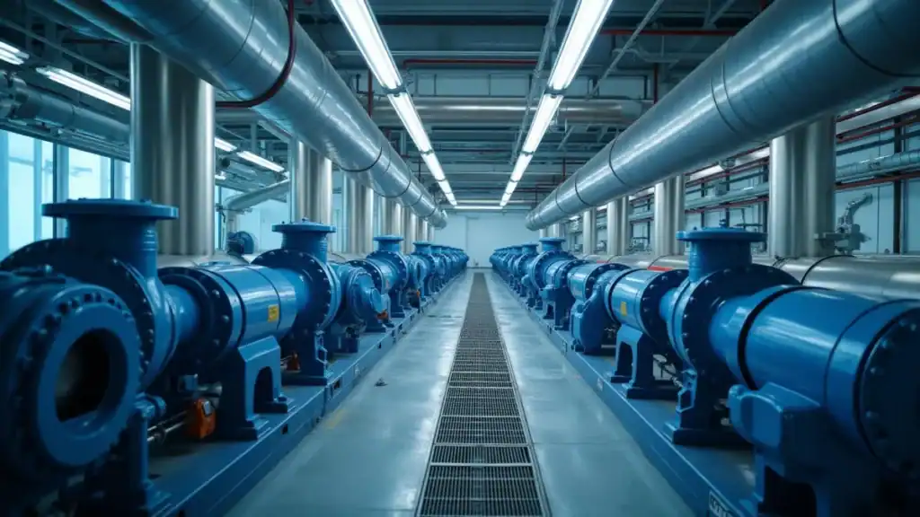 High-tech industrial pump room with large blue pumps and extensive piping system, showcasing Eastern Company for Services and Trade’s expertise in industrial services and equipment supply.